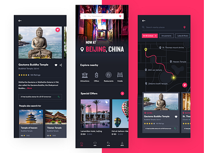 Location sensitive travel app concept dark app dark theme dark ui design iphone x location app location pin location tracker map mobile app mobile app design mobile application mobile apps mobile ui pink sensitive travel app ui ux