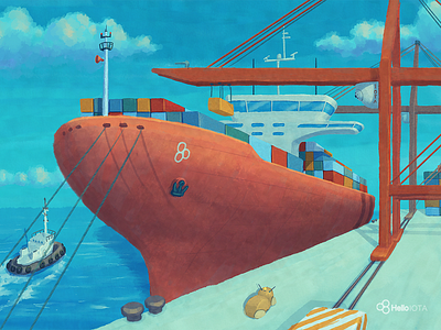 IOTA Container Ship illustration container crane cryptocurrency future illustration iota photoshop port robots sea ship