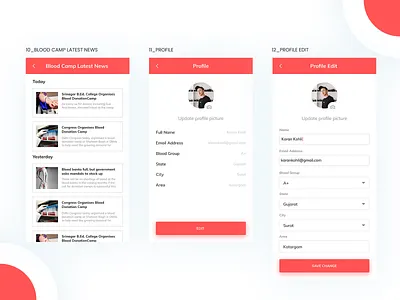 10_Blood Camp Latest News, 11_Profile & 12_Profile Edit animation app blood camp blood camp blood camp latest news blood camp latest news branding design icon illustration illustrator latest news logo profile typography ui ux vector