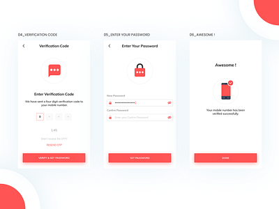 04_Verification Code, 05_Enter Your Password & 06_Awesome! app awesome branding design enter your password enter your password icon illustration logo password typography ui ux verification code