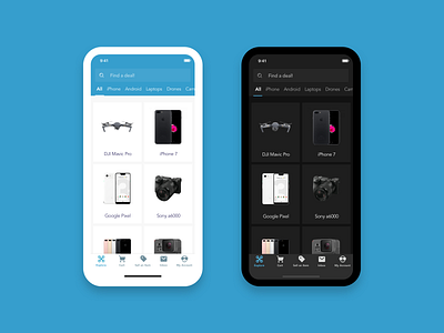 Dark Mode Exploration Resale App cards ui dark mode dark ui discover explore ecommerce gallery grid image lists mobile app design products sketch ux ui design