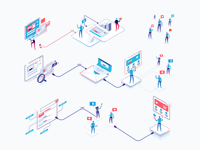 Respona App Process Illustrations character connection email flat heart illustration internet isometric likes mailing marketing media processing respona simple social ui website windows