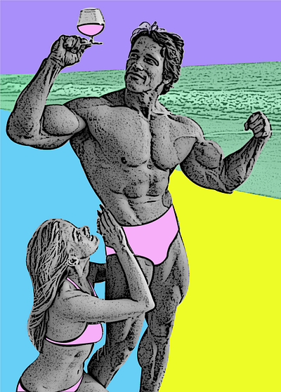 ahnuldBeachPoster art beach bodybuilder color colorful genius girl image poster