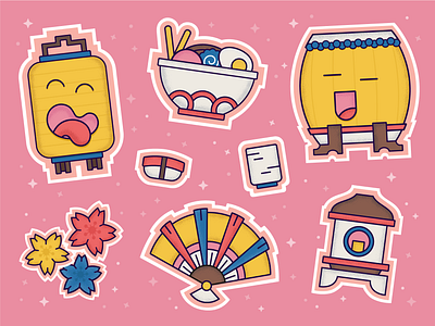 Festive Stickers drum festival hand fan illustration japan japanese lamp lantern ramen sakura stickers sushi tea