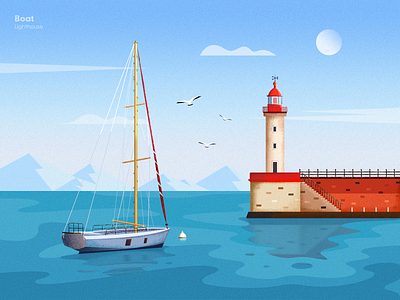 Boat blue boat cloud illustration lighthouse mountains sailboat sea sun wall wave