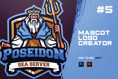 E - Sports Logo Creator #5 badge brand elder esports game gaming god illustration live logo mascot old man poseidon sea sport sports stream team trident zeus