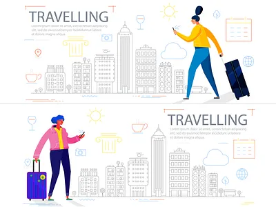 Traveling Concept Banners 02 app banner cartoon character design design flat icon illustration vector web