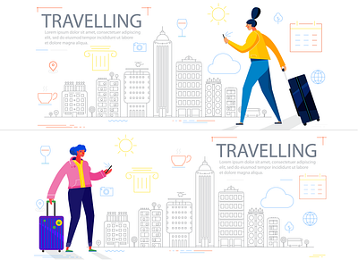 Traveling Concept Banners 02 app banner cartoon character design design flat icon illustration vector web