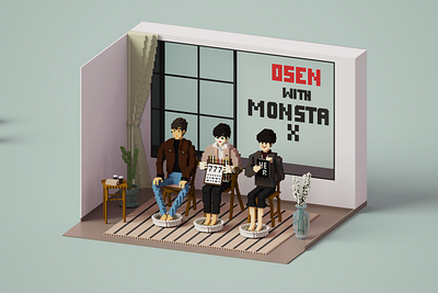 MONSTA X with OSEN voxel art illustration isometric illustration monstax orthographic voxel