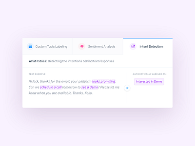MonkeyLearn app classification clean design hellohello icons intent interface minimal monkeylearn sentiment simple tabs ui ux violet web website white