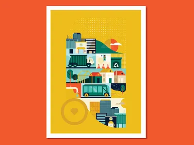 Community Services Print branding bus city city line cityscape civil flat house illustration minimalist poster recycle simple urban vector yellow