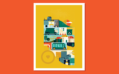 Community Services Print branding bus city city line cityscape civil flat house illustration minimalist poster recycle simple urban vector yellow