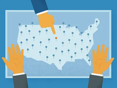 Regional VS National blue hands illustration map orange pin texture united states us usa yellow