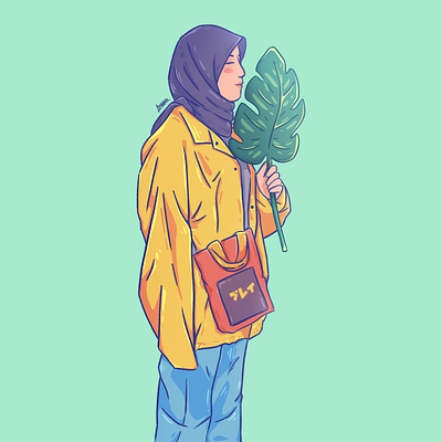 Portrait Illustration - Giani and her monstera leaves aesthetic anime art cartoon cute digital art digital drawing drawings illustration kawaii pastel