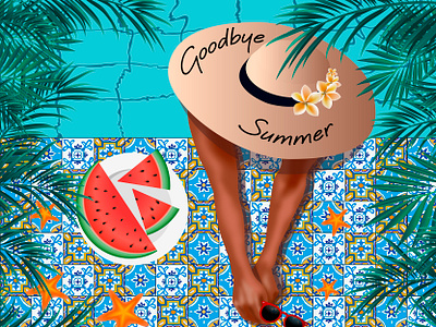 goodbye summer blue colorful goodbye green illustration leafs orange pool stars summer sunglass tiles watermelon