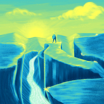 land of melting glaciers boy digital painting drawing glaciers illustration landscape sun