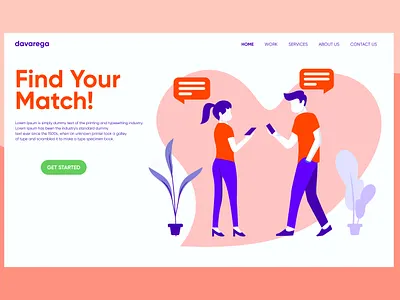FIND YOUR MATCH DATING APP LANDING PAGE app davarega studio design flat design flat illustration illustration landing page landing page ui layout simple design