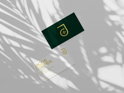 Business Cards - Jacob Cooper badge branding business cards design flash gold green lettering logo modern palm trees pattern photography shadow tropical typography vector