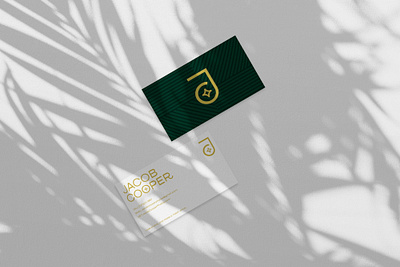 Business Cards - Jacob Cooper badge branding business cards design flash gold green lettering logo modern palm trees pattern photography shadow tropical typography vector