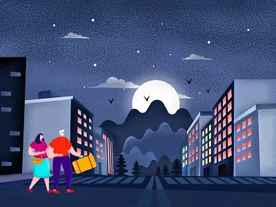 Night Illustration character characterdesign couple design illustraion illustrator night noise texture travel travel app ui
