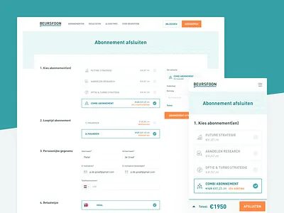 Beursfoon – Checkout Form b2c ecommerce form form design forms identity interface price table pricing table product design product identity responsive design steps subscription wizard