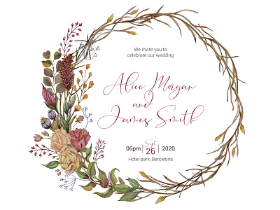 Wedding invitation with autumn watercolor decoration branch wreath marriage wedding wedding card