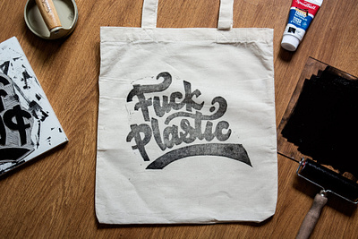 Fuck Plastic tote bag blockprinting carving fabric printing lettering lettering art linocut