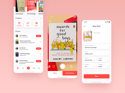 Post Book flows android app design book clean ios mobile ui novel pink share simple design ui user experience user interface ux white