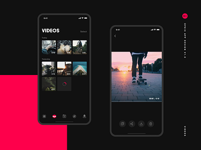 Opkix App Videos app black buttons camera dark footage gallery icons ios iosapp iphone minimal opkix player progress skateboard ui ux video videos