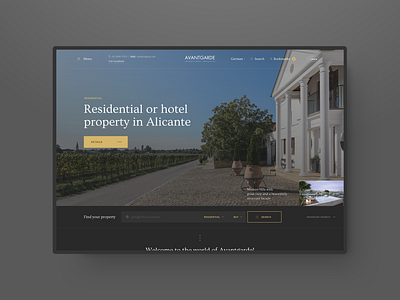 Avantgarde Properties #1 apartments design desktop flat gold grey hero homepage luxury navigation photo premium property residential search typography ui ux user experience user interface web