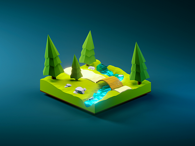 Forest Illustration 3d 3d art blender diorama forest game game art game design illustraion isometric low poly low poly low poly art low polygon lowpoly lowpolyart render river tree trees