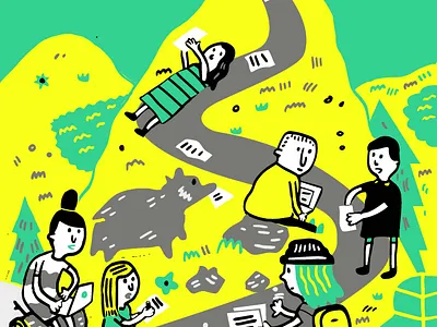 Illustration for Submittable author blue campers critique digital gray illustration mountain software trail writer yellow