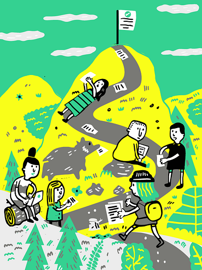 Illustration for Submittable author blue campers critique digital gray illustration mountain software trail writer yellow