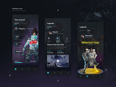 ApexLegends Companion - Mobile App Concept apex apex legends companion companion app dark dark app dark ui discord esports games gaming mobile app mobile app design mobile design mobile ui ui uiux