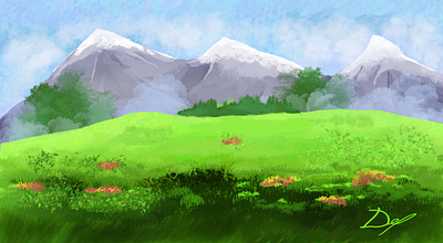 Mountain landscape digital art digital painting fresh green illustration landscape mountain nature