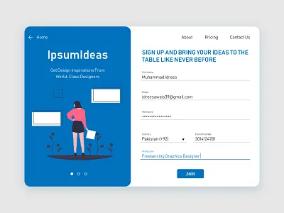 Ipsum Ideas SignUp Page app concept concept design design flat illustration minimal sign up page signup ui ux vector web website