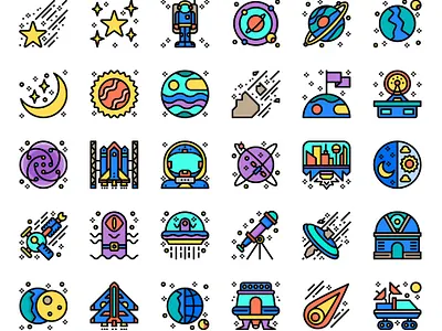 Aerospace Color Line Icons Set aerospace day design earth icon illustration moon space sun ui world