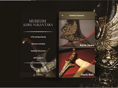 the archipelago keris museum app ui black design mobile app mobile ui ui ux vector
