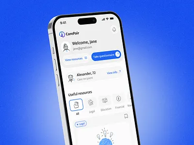 Healthcare Mobile App | Personalized Support for Caregivers app blue branding caregivers concept dailyui demencia design graphic design health healthcare app illustration inspiration logo mobile ui