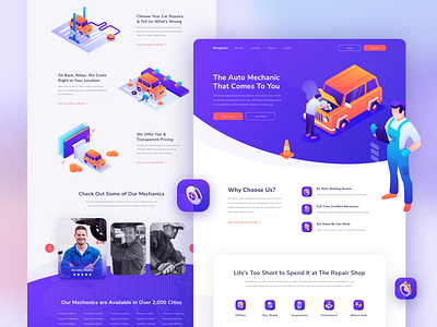 Bengkelan - The Auto Mechanic That Comes To You Website Concept 3d adobe illustrator car character header hero illustration illustration insurance isometric landing page mechanics purple repair ui uidesign uiux web website