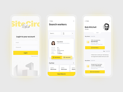 Mobile screens for Startup in construction area. account chat clean ui construction employment filter hire illustration job login login form login screen minimalism mobile offer welcome worker yellow