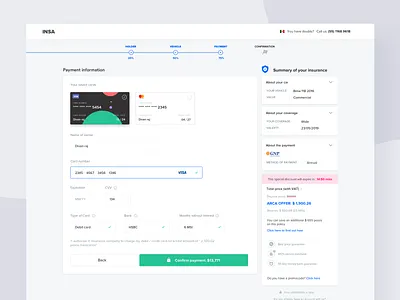 Car insurance checkout experience car insurance cards credit cards payment summary website