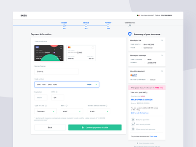 Car insurance checkout experience car insurance cards credit cards payment summary website