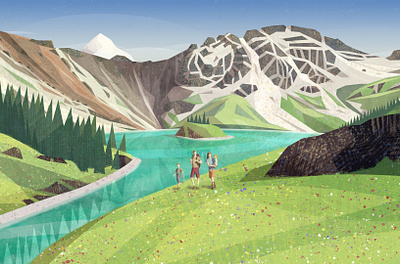 Peakvisor / App Store illustration design hike hiking illustration lake meadow mountains sun sunny vector