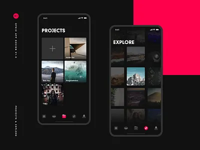 Opkix App Projects & Explore app black camera content content creation dark discover explore gallery grid interaction ios iosapp iphone minimal projects showcase ui ux video