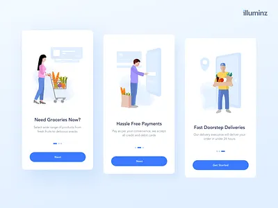 Onboarding Screens - Online Grocery Shopping android app app app concept cart concept delivery design e commerce grocery app illustration ios minimalist onboarding ui payments shadows typography ui ux uidesign vector walkthrough