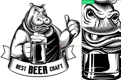 Hippopotamus Beer Glass Craft Thumb Emblem Engraved Ink beer black and white cartoon character hand drawing hippopotamus illustration oktoberfest print design retro vector