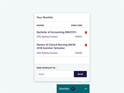 Charles Darwin University: Shortlist Popover UI cart popover ui