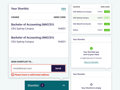 Charles Darwin University: Shortlist Popover States card cart popover state