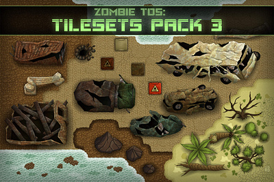 Tileset: sand, stones, plants, water, destroyed cars 2d game game assets gamedev tileset
